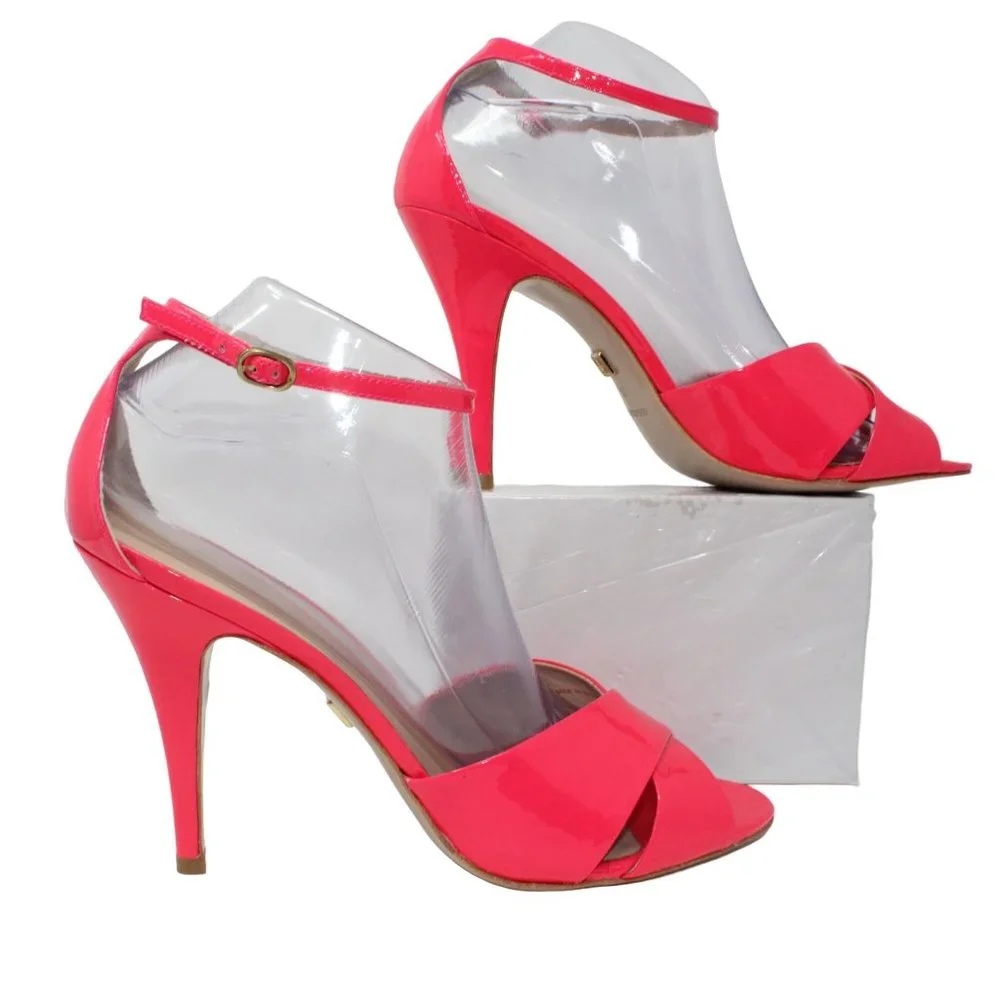 Pour LA Victoire Kalinda Pink Patent Leather Open Toe Ankle Strap Stiletto Heels - Picture 6 of 12